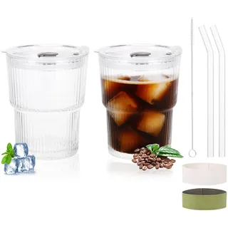 Hejo 2 Stück Glasbecher mit Deckel und Strohhalm, 400ml Geriffeltes Trinkglas, Mehrweg Trinkbecher, Auslaufsichere Eiskaffee Gläser mit Deckel für Kaffee Matcha Saft Eistee Milch Smoothie