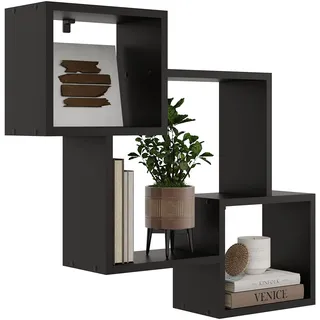 KUBUTKU Dekorativ Wandregal mit 3 Böden 78x71x18 Design Skandinavischer Modern für Wohnzimmer Küche Büro Schlafzimmer Badezimmer Hängeregal zur Präsentation Bücherregal (Schwarze)