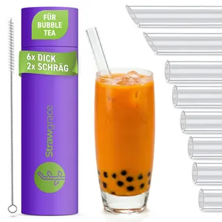 STRAWGRACE 8x Bubble Tea Glasstrohhalme 15 cm [ 2 Stück mit schrägem Ende] - 11 mm Innen Durchmesser - perfekte Strohhalme Glas - Strohhalme Glas Wiederverwendbar - Glasstrohhalme kurz