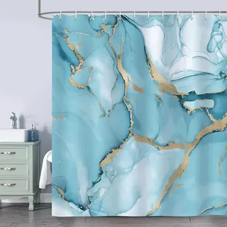 Ccykxa Moderner, Abstrakter Duschvorhang In Türkis Und Goldmarmoroptik, Polyestergewebe, Schimmelresistent, Wasserdicht, Waschbar, Badezimmervorhang, 180 X 180 Cm Mit 12 Haken