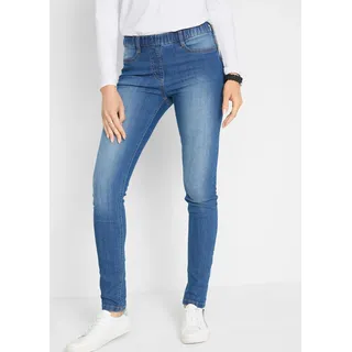 Jeansjeggings BONPRIX "Jeggings Mid Waist, Bequembund", Damen, Gr. 40, N-Gr, blau (blau denim), Denim/Jeans, Obermaterial: 82% Baumwolle, 17% Polyester, 1% Elasthan, Abriebeffekte, unifarben, slim fit lang, Jeans, Slim Fit Passform, Mid Waist Schnitt, mit Bequembund