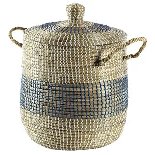 Kobolo Dekorativer Wäschekorb Aufbewahrungskorb aus Seegras mit Deckel und Henkeln im maritimen Design