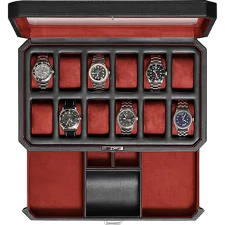 12-Fach-Leder-Uhrenbox mit Valet-Schublade – 12-Fach-Luxus-Uhrenetui, Display-Organizer, Microsuede-Einlage, Herren-Accessoires-Halter, Schmuckkästchen, Schmuck-Display-Organizer(Schwarz/Rot)
