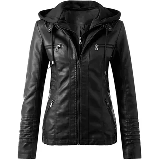 SkotO Lederjacke Damen Große Größen - Kunstlederjacke Mit Kapuze Kurz Bikejacke Lederimitat Übergangsmantel Winddicht Motorradjacke Softshell Fahrradjacke Wasserdicht Atmungsaktiv Softshelljacke - 3XL