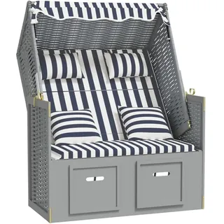 vidaXL Strandkorb mit Kissen Poly Rattan und Massivholz Blau & Weiß