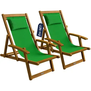 Casaria® Sonnenliege Holz Wetterfest Klappbar 3-fach Verstellbar Bis 160kg Gartenliege Outdoor Mit Nackenkissen & Armlehnen Liegestuhl Für Garten Balkon Terrasse Camping Akazienholz  2x Grün