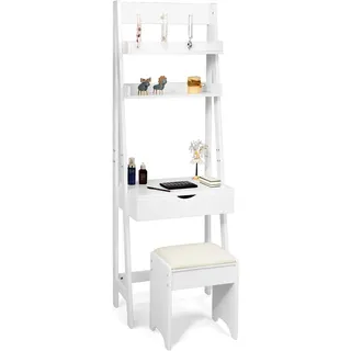 Schminktisch Mit Hocker, Klappspiegel, 3 Haken, 2 Ablagen Und 6 Fächern, Leiterregal, Frisiertisch Set, 40x60x180cm, Weiß - Costway