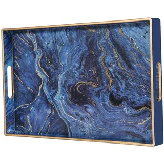 Zosenley Dekoratives Tablett, Marmoriertablett aus Kunststoff mit Griffen, rechteckiges Schminktablett und Serviertablett für Badezimmer, Küche, Ottomane und Couchtisch, 39,6 x 25,9 cm, Blau