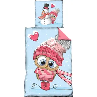 Winter Flausch Bettwäsche 135x200 cm Eule rosa blau Thermofleece Wende Kinder - Blau
