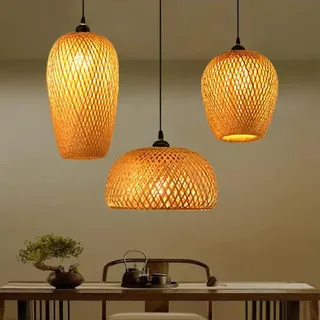 FUMIMID Rattan Bambus Pendelleuchte Esszimmer Lampe Retro 3 Leuchte,A | E27 Pendellampe Laterne Kronleuchter Antik Holz Wicker Lampenschirm Schlafzimmer Wohnzimmer Landhaus Hängelampe Deckenlampe
