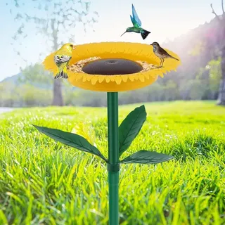 Vogeltränke Auf Ständer – 24 X 43 Cm – Sonnenblumenform – Mit Ständer – Strapazierfähiges Polypropylen – Gartendekoration – Gartenstecker – Integrierte Vogeltränke