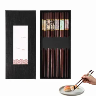 Essstäbchen Set 10 Paar in edler Holz- und Marmor-Optik, Chinesische Stäbchen zum Essen mit Geschenkbox, Wiederverwendbare Ess Stäbchen für Sushi, Ramen, Elegantes Besteck Geschenk