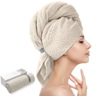 Großes MikrofaserHandtuch für Frauen AntiFrizzHaartrocknungstuch mit elastischem Band schnell trocknende Haarturban für nasses Haar lange dicke lockige Haare super weiche Haarwickeltücher Kamel...