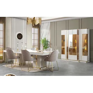 aea Esstisch, Stühle Vitrine, Weiß Essgarnitur Essgruppe Esszimmer 8tlg. Set