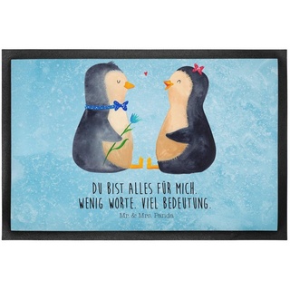 Fußmatte 50 x 75 cm Pinguin Pärchen - Eisblau - Geschenk, Hochzeit, Liebe, Fuß, Mr. & Mrs. Panda, Höhe: 0.3 mm, Charakteristische Designs blau
