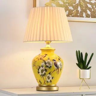 Mengjay Tischlampe Vintage Keramik, Schlafzimmer Nachttischlampe Plissee Lampenschirm Gemalt Blau Und Weiß Porzellan Lampe Körper Chinesische Schreibtischlampe, Wohnzimmer/Arbeitszimmer/Esszimmer (A)