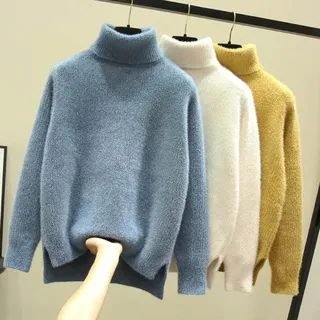 Damen Rollkragenpullover,Mohair Solid Pullover Pullover, Super Weiche Warme Plüschpullover, Lockere Elegante Dicke Lange Ärmel Top - M