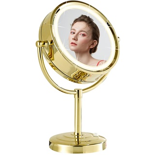 DOWRY Kosmetikspiegel mit Beleuchtung Stehend Tischspiegel Gold 3 Farben Lichtern Vergrößerungsspiegel mit Licht 1x/7x 360° Schwenkbar Doppelseitige Spiegel,Ø21.5 cm
