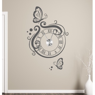 tjapalo® gr-tku2 Wanduhr Wandtattoo Uhr Wohnzimmer Wandsticker Wandaufkleber mit Schmetterlingen und edlem Uhrwerk (Höhe 90cm x Breite 58cm)