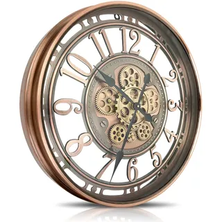 DORBOKER Wanduhr Groß mit Beweglichen Zahnrädern Moderne Industrial Steampunk XXL Vintage Retro Antike Metall Uhr für Küche Wohnzimmer Zuhause Bar Schule(76cm, Rotes Kupfer Arabische Ziffern)