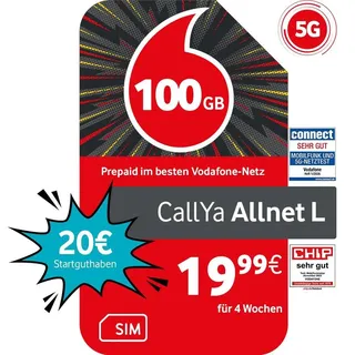 Vodafone Prepaid CallYa Allnet L | 100 GB | 20 EUR Guthaben | ohne Vertrag | 5G | Allnet Flat | EU-Roaming | weltweit nutzbar