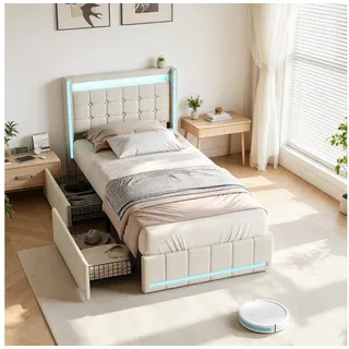 Simurq Einzelbett Polsterbett 90x200 mit Stauraum, Jugendbett, Gästebett, Mit Lattenrost, 2 Schubladen, USB Port & LED, Leinen beige