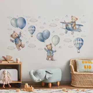 Muralo Wandtattoo Set Teddybären und Ballons, UV-beständig - 120x60 cm | Wandsticker, Modernes Design - ideal für Kinderzimmer, für Mädchen und Jungen, einfach anzubringen