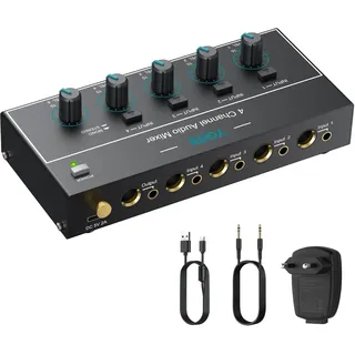 YGiTK 4 Kanal Audio Mixer 6,35 mm+3,5 mm Mini-Audiomischer | 4 Eingänge & 1 Ausgang Stereo Audiomischer, Type-C Aufladen, Ultra Niedrig Noise, mit Lautstärkeregelung, für Bühne & Studio