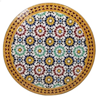 Casa Moro Gartentisch Marokkanischer Mosaiktisch D90 cm Ankabut Gelb rund mit Schmiedeeisen (Gestell H 73cm Mediterraner Gartentisch, Mosaik Esstisch Balkontisch MT2220), Kunsthandwerk aus Marokko bunt