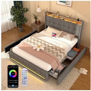 oyajia Polsterbett LED Doppelbett 140x200 cm mit 4 Schubkästen und Kopfteil, Ladefunktion (Leinenmaterial Polsterbett mit mit Lattenrost und Ladefunktion), Typ-C, USB-A, 2 Steckdosen,mit RGB Beleuchtung grau