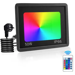 Dibaful 50W RGB LED Strahler Außen mit Fernbedienung Scheinwerfer IP66 Wasserdicht Outdoor Bunt Außenstrahler Fluter für Garten Party Garage Hof