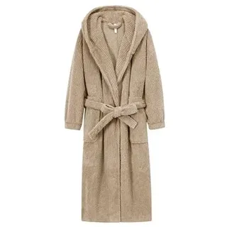 DUddTTW Bademantel aus Fleece mit Langen Taschen, Bademantel for Damen, mit Gürtel, Spa-Bademantel, Loungewear, Schalkragen-Bademantel mit weicher Kapuze(Bruin,L)
