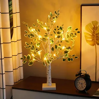 Tischlampe aus Birke mit künstlichen grünen Blättern und 24 warmweißen LED Lichtern für Kamin, Schlafzimmer Zuhause Party, Hochzeit, Heimdekoration, Esstisch, Mini Bonsai Baum-Licht 60 cm