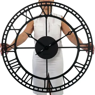 FLEXISTYLE XXL Wanduhr groß 80 cm Schwarz Metall – Große Loft Industrial Wanduhr – Lautlose Designer Uhr für Wohnzimmer & Büro