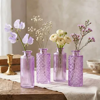 4er Set Vase Glas Lila H14cm Violett Pastell Blumenvase Tischdeko Frühling Blumendeko Glasvase Dekovase