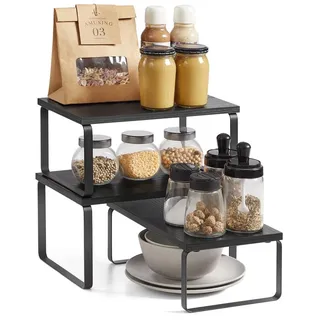 SONGMICS Gewürzregal Küchen-Organizer, Küchenregal, Schrank-Organizer Küche, kleines Regal, 3-tlg., erweiterbar, stapelbar, Metall und Holzwerkstoff grau|schwarz