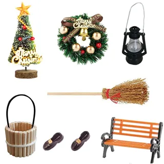 Wichteltür Zubehör Set Mini Stiefel Laterne Weihnachtsbaum Dekokranz Holzleiter Besen Zuckerstange Teppichdecke Verzierungen für Miniatur Wichtel Tür Wichteltüren Nissedor Kinderzimmer