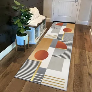 Siunwdiy Teppich Läufer Flur rutschfest Küchenläufer Waschbar Braun Creme Grau 60x200cm Geometrische Korridor Teppichläufer Lang Küchenteppich Für Schlafzimmer Teppichläufer Meterware Anpassbar