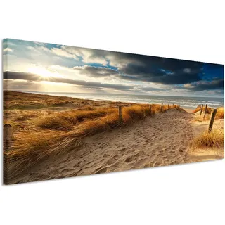 150x50cm Leinwandbild auf Keilrahmen Holland Nordsee Meer Strand Sonnenuntergang Wandbild auf Leinwand als Panorama
