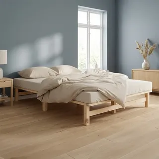 Homestyle4u Palettenbett Holzbett 90x200 120x200 100x200 140x200 Jugendbett Skandi bodennah (Set, mit Lattenrost und Matratze) braun 120 cm x 200 cm x 28 cm