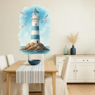 Maritimes Wandtattoo Leuchtturm & Möwen Aquarell-Splash – Vinyl-Wandsticker Küstenblick für Wohnzimmer, Flur & Schlafzimmer (Größe 1 | 30 x 46 cm)