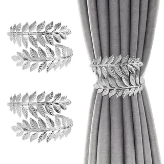 2 Stück Vorhang Raffhalter, Verstellbare Raffhalter für Vorhänge, Silber Blätter Gardinenraffer, Vorhang Halter Metall Gardinenhalter, Legierung Gardinen Raffhalter für Zuhause, Büro, Hotel, Cafés