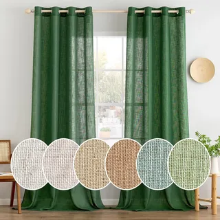MIULEE Gardinen Leinen mit ösen Halbtransparent Vorhänge Dunkelgrün 245x140 | 2er Set, Leinenoptik Modern Voile Ösenvorhang, für Wohnzimmer Kinderzimmer Raumteiler, schlaufenvorhang
