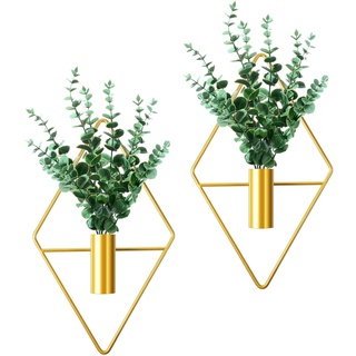 Cindeer 2 Wandvasen in Diamant Form mit Künstlich Wasserpflanzen Metall Blumenampel für Pflanzen Innen Geometrisch Modern Blumentopf zum Hängen für Wohnung Wohnzimmer Büro (Golden, Eukalyptus)