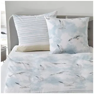 TRAUMSCHLAF Bettwäsche Möwen, Seersucker, 2 teilig, ideale Sommerbettwäsche im maritimen Look blau