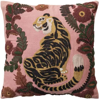Creative Co-op, Mehrfarbig, Besticktes Kissen mit Tiger- und Blumenmuster, Baumwolle