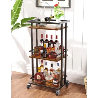 OKZEST 3-stöckiger Rollbar Wagen für Zuhause, Utility Kitchen Aufbewahrung Servierwagen mit Rädern, abschließbarer Mini-Kaffee-Barwagen für Party, Wein, Cocktail, Wohnzimmer, rustikales Braun