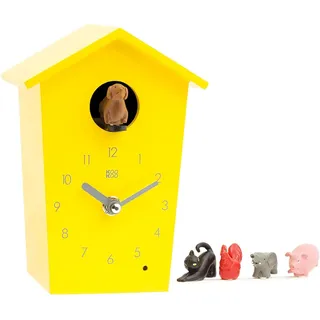 KOOKOO AnimalHouse Gelb, Moderne kleine Kuckucksuhr mit 5 Bauernhoftieren, Aufnahmen aus der Natur, mit freundlichem und modernem Design.