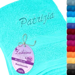 Lashuma Linz Handtuch personalisiert mit Name Türkis, Saunahandtuch groß 85x220 cm