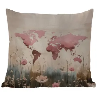 MuchoWow Dekokissen Weltkarte - Rosa - Blumen, Kissenhülle für den Außenbereich, Outdoor, Kissen, 50x50 cm rosa 50 cm x 15 cm x 50 cm
